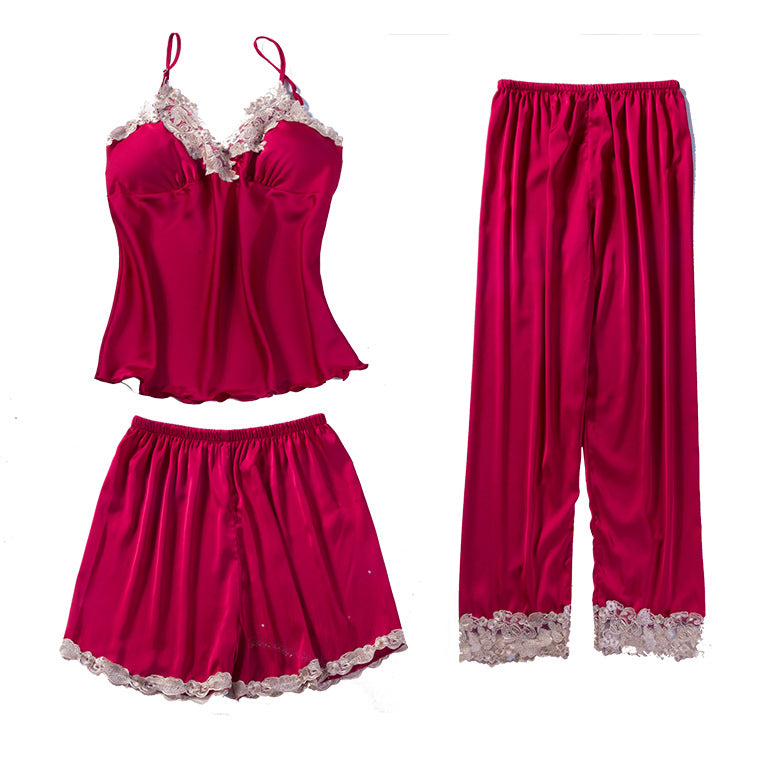 5pcs Lace Trim Satin Silk Belted Pajama Robe Set Red - M I I X A S