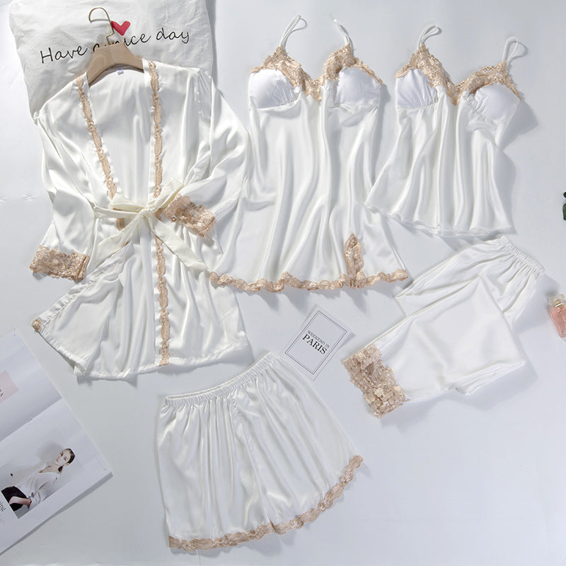 5pcs Lace Trim Satin Silk Belted Pajama Robe Set White - M I I X A S