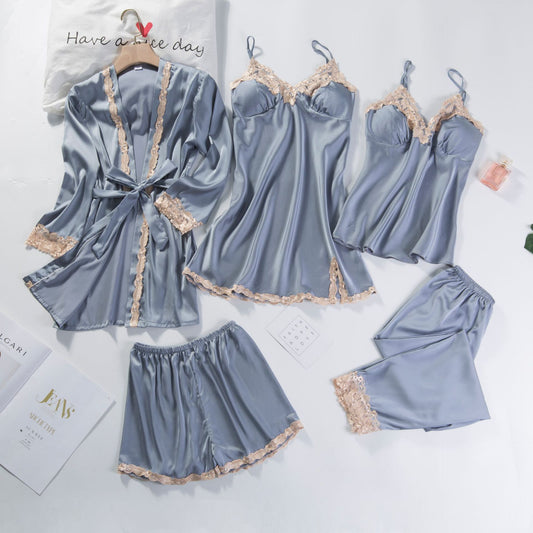 5pcs Lace Trim Satin Silk Belted Pajama Robe Set - M I I X A S