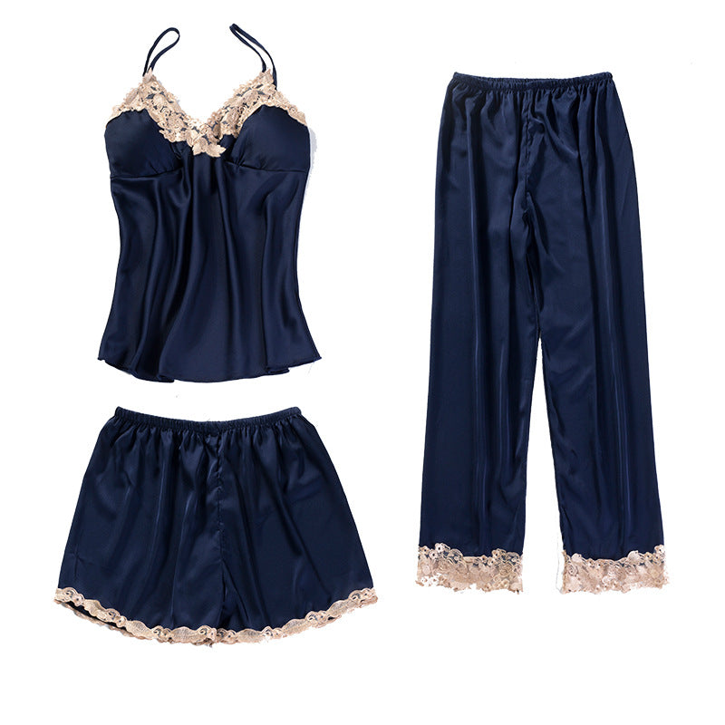 5pcs Lace Trim Satin Silk Belted Pajama Robe Set Dark Blue - M I I X A S