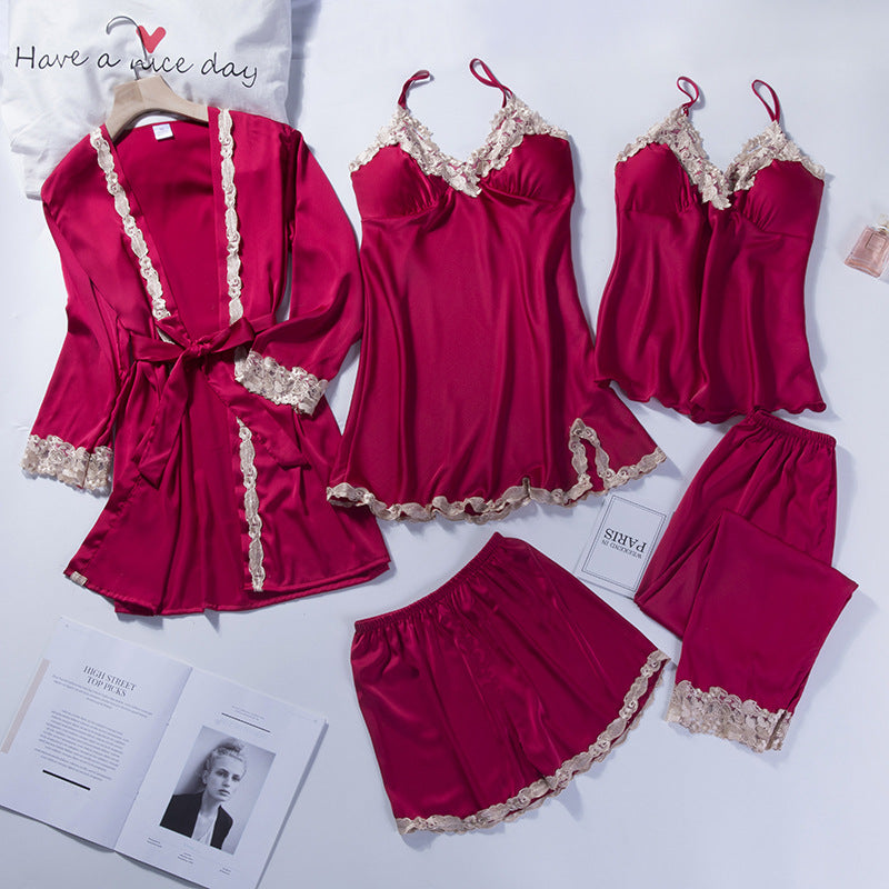 5pcs Lace Trim Satin Silk Belted Pajama Robe Set Red - M I I X A S