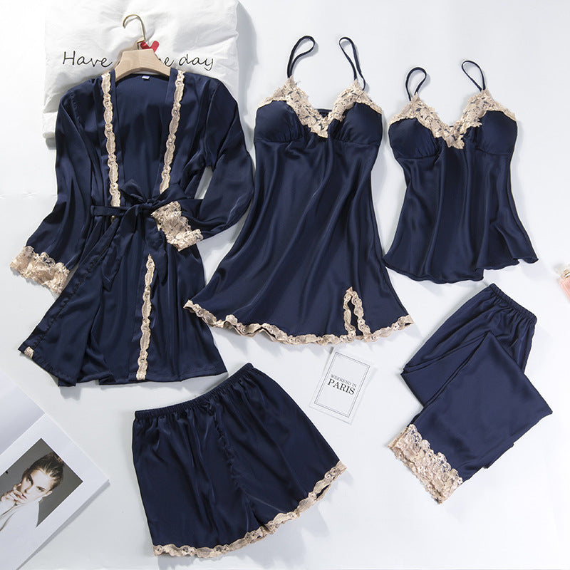 5pcs Lace Trim Satin Silk Belted Pajama Robe Set Dark Blue - M I I X A S