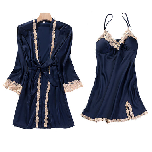 5pcs Lace Trim Satin Silk Belted Pajama Robe Set Dark Blue - M I I X A S