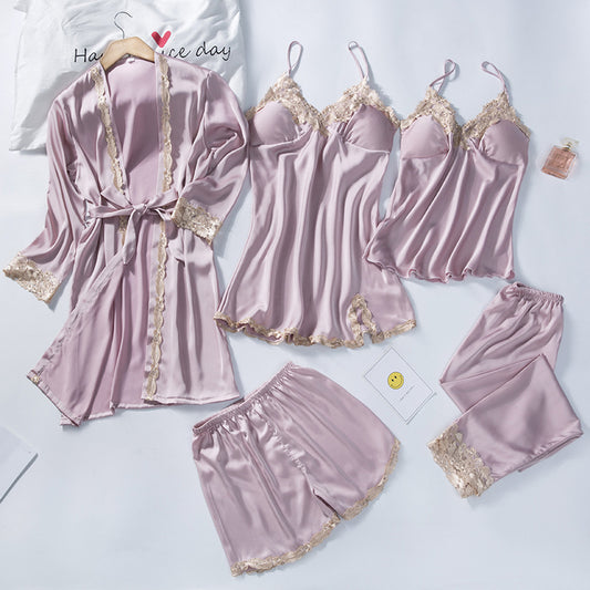 5pcs Lace Trim Satin Silk Belted Pajama Robe Set Pink - M I I X A S