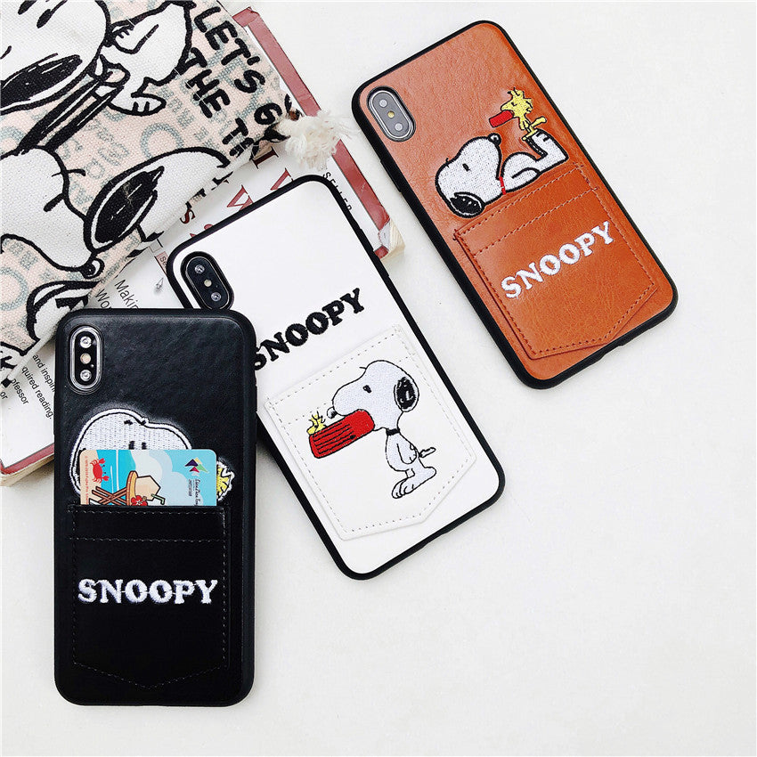 Snoopy Embroidered Leather Card Slots iPhone Cases