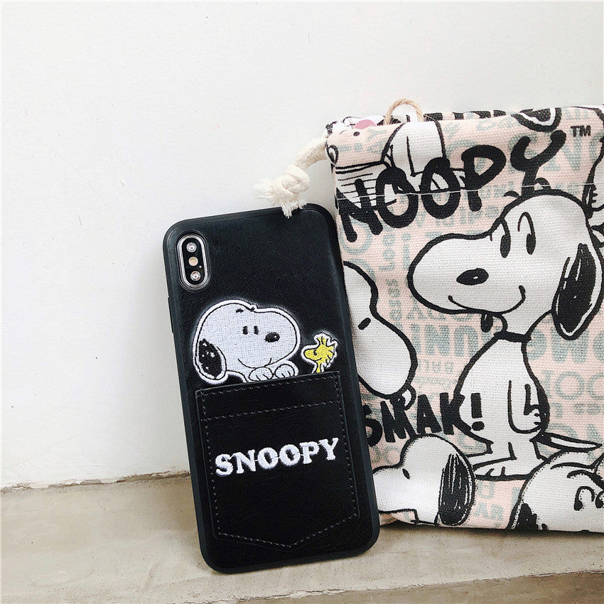 Snoopy Embroidered Leather Card Slots iPhone Cases