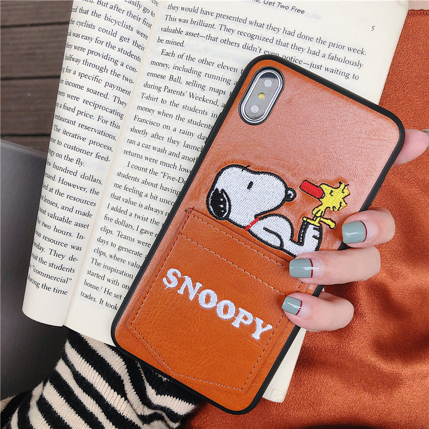 Snoopy Embroidered Leather Card Slots iPhone Cases