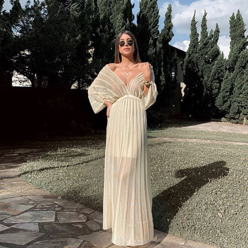 Stripes V-Neck Off-Shoulder Formal Long Dress