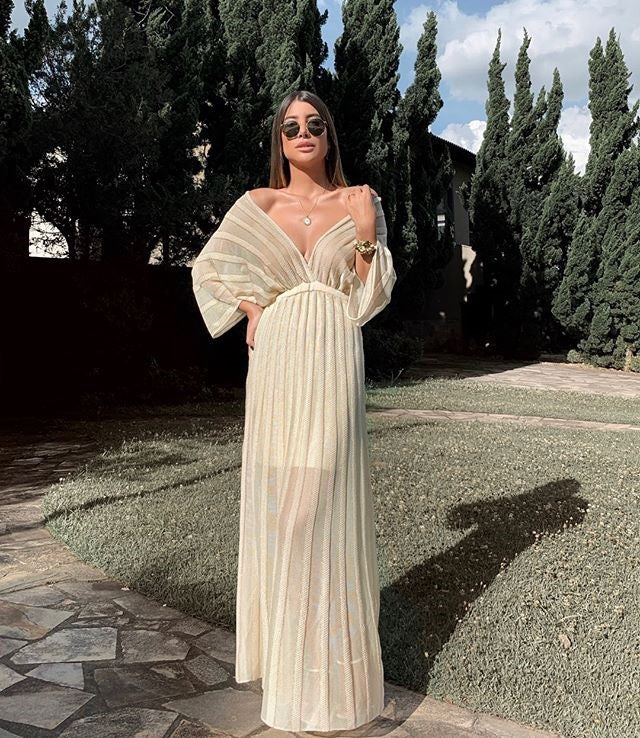 Stripes V-Neck Off-Shoulder Formal Long Dress