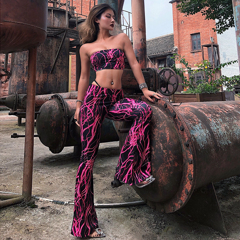 Black Pink Flame Print Tube Top Two Piece Set