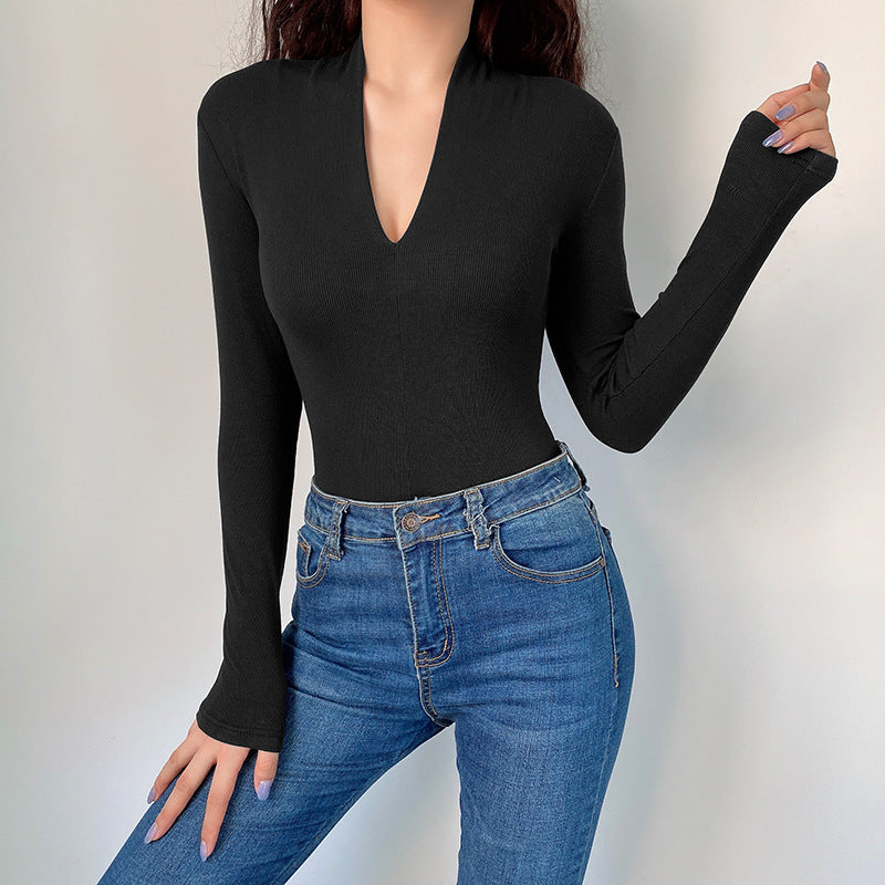 Ribbed Knit Long Sleeve Bodysuit Women