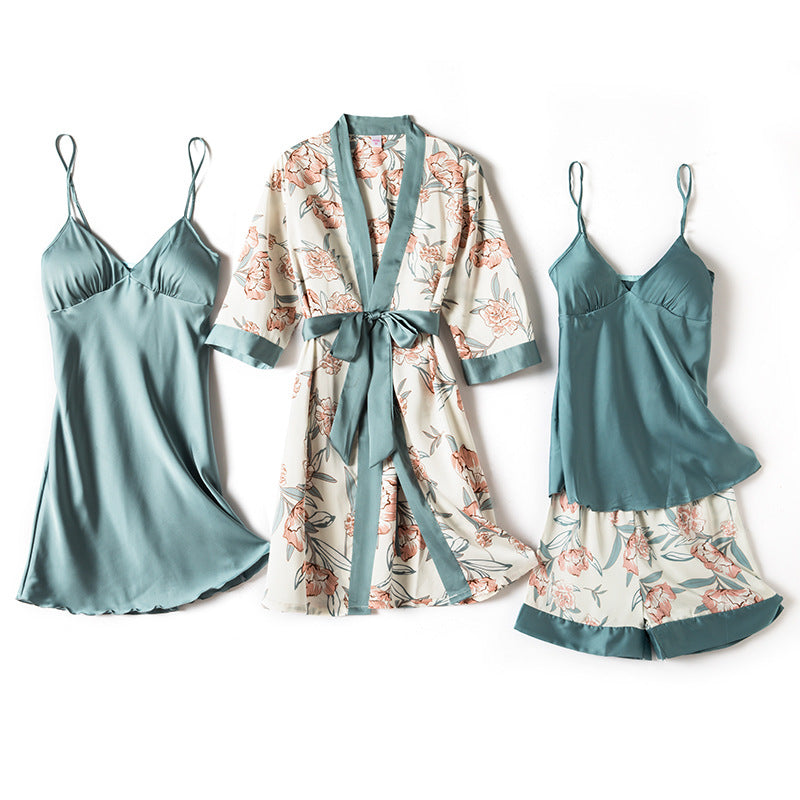 4pcs Satin Silk Belted Pajamas Robe Set - M I I X A S