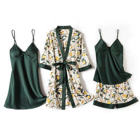 4pcs Satin Silk Belted Pajamas Robe Set Dark Green - M I I X A S