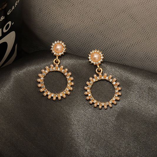 Circle Rhinestone Pearl Earrings