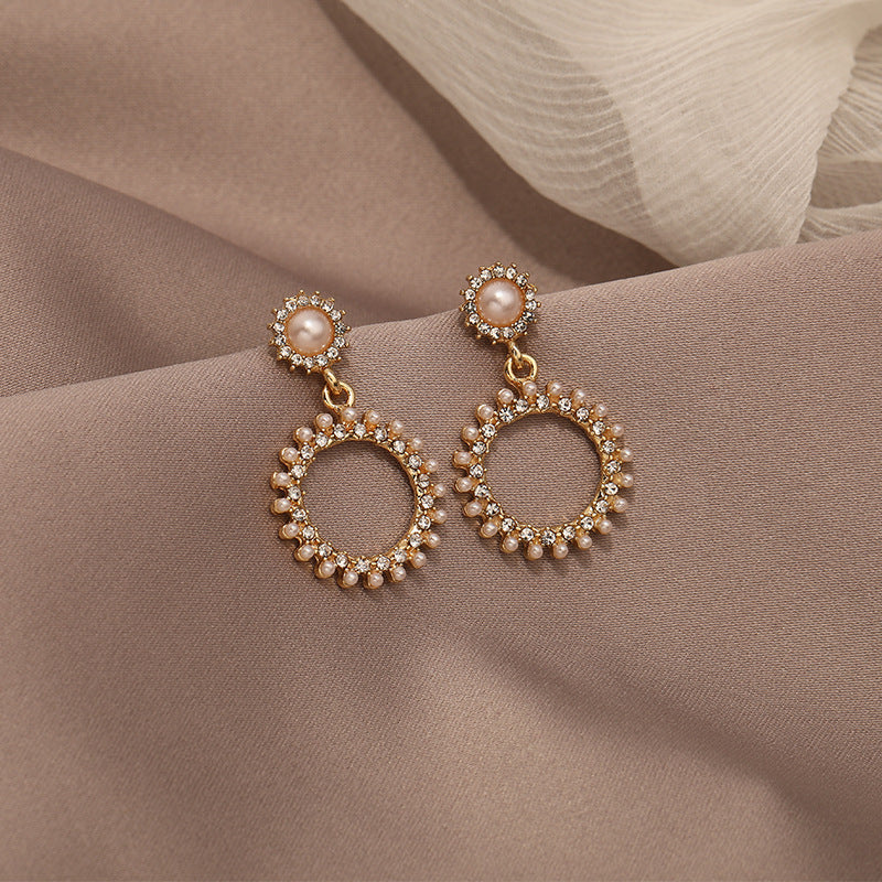 Circle Rhinestone Pearl Earrings