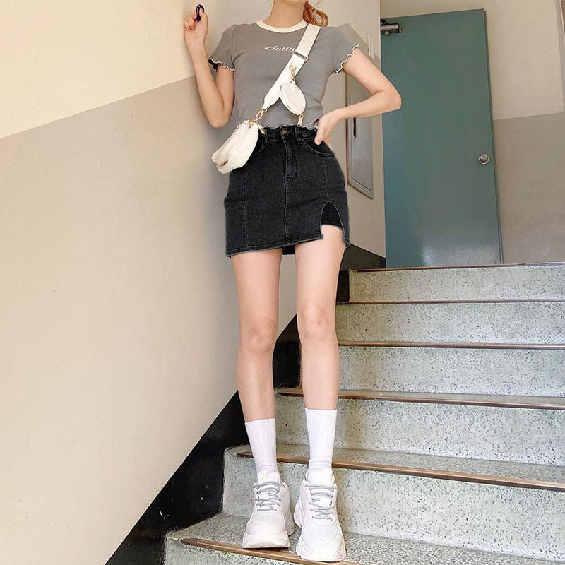 Split Denim A-Line Short Skirt Women