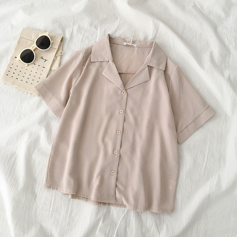 Plain Button Blouse Short Sleeve Shirts - M I I X A S