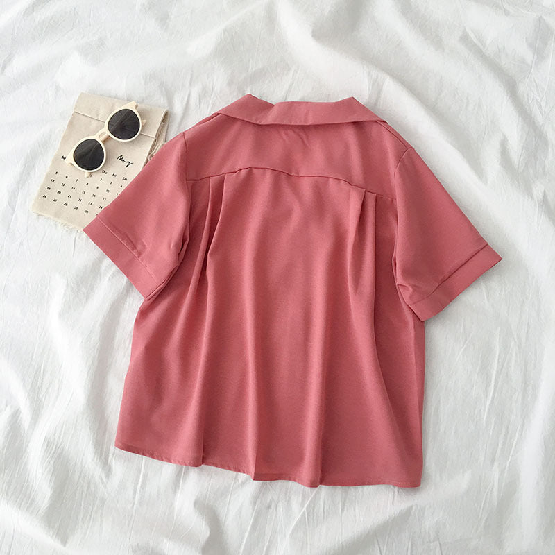 Plain Button Blouse Short Sleeve Shirts - M I I X A S