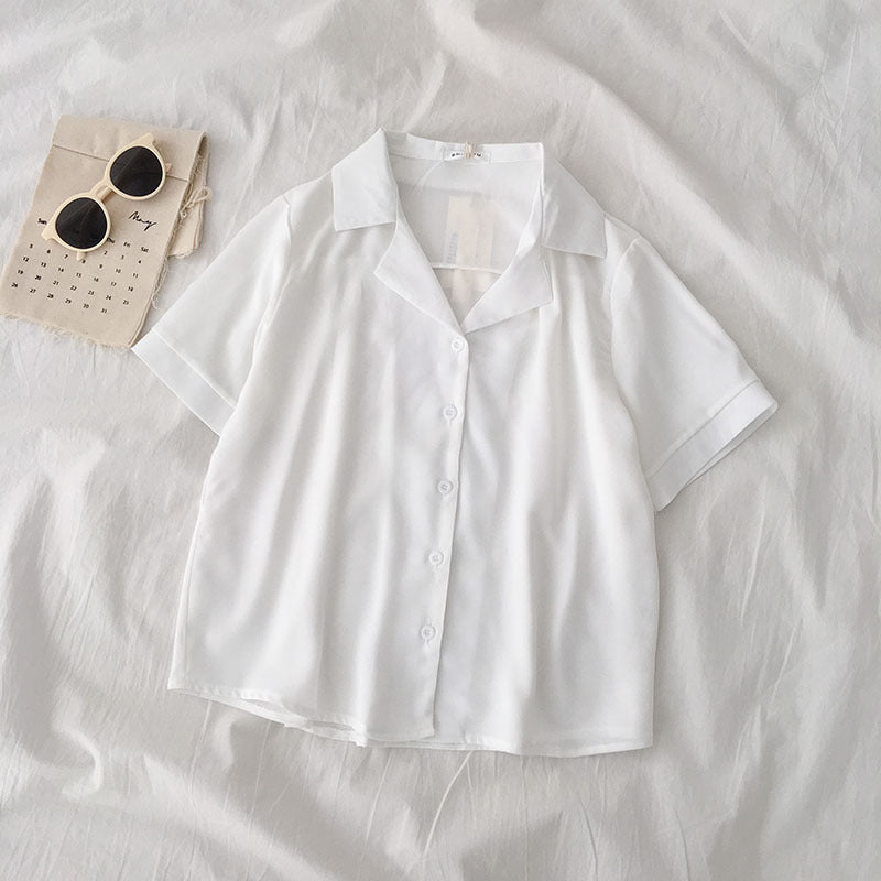 Plain Button Blouse Short Sleeve Shirts - M I I X A S