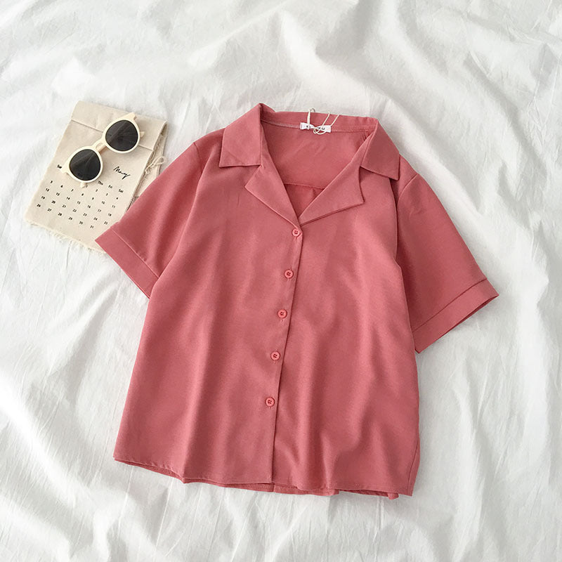 Plain Button Blouse Short Sleeve Shirts - M I I X A S