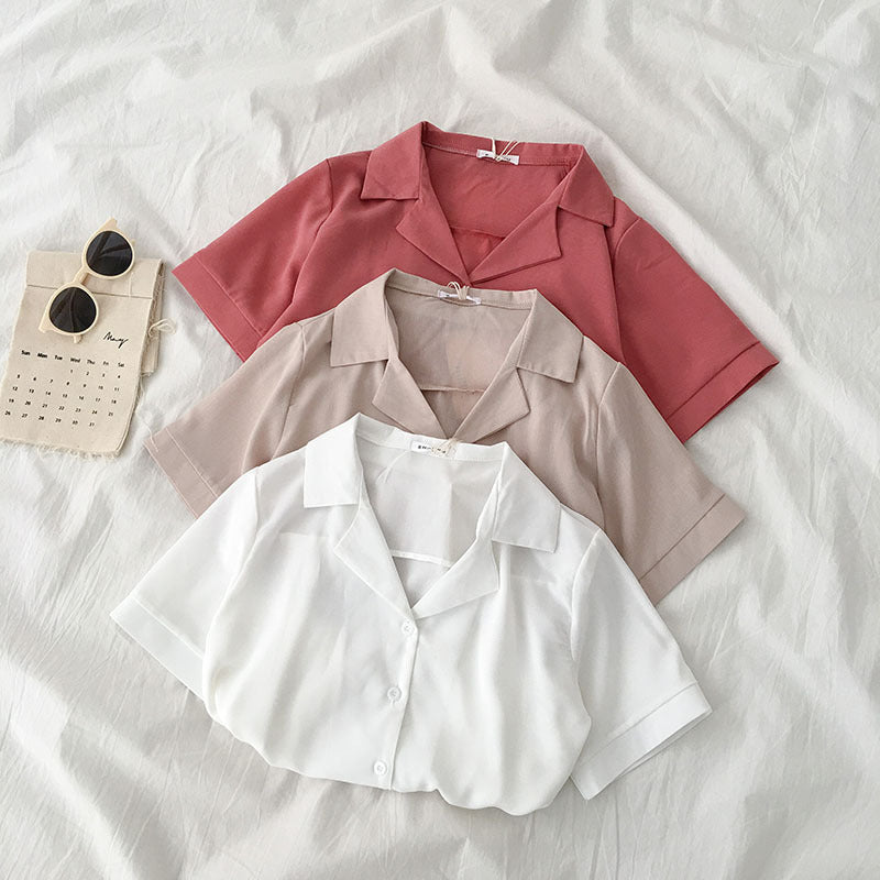 Plain Button Blouse Short Sleeve Shirts - M I I X A S