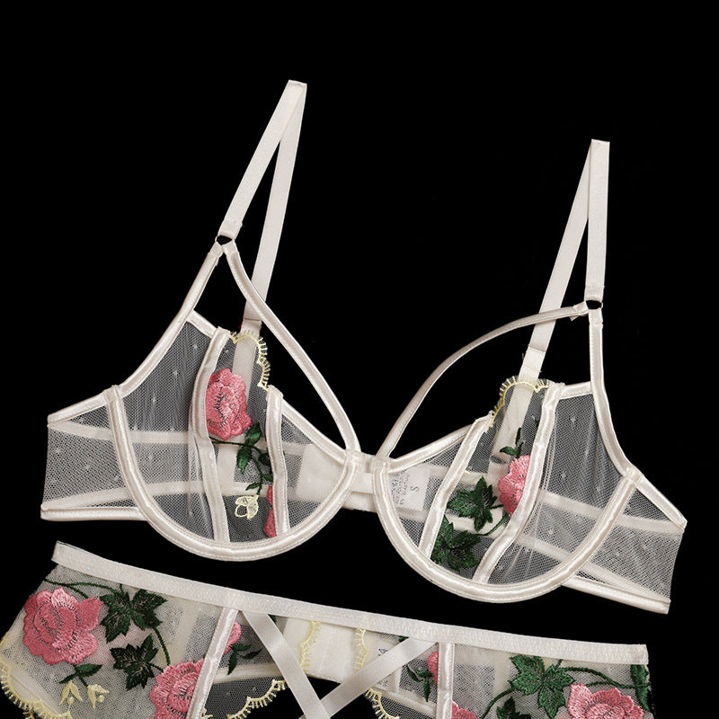 Floral Embroidery Underwire Push-up Bra & Garter Set