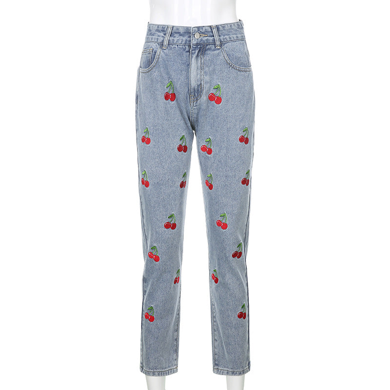 Cherry Embroidery Narrow Leg Jean Trousers Women