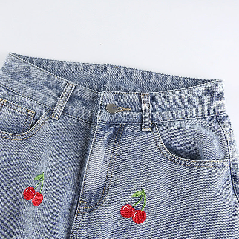 Cherry Embroidery Narrow Leg Jean Trousers Women