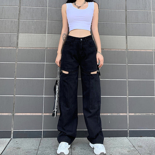 Jean Hollow High Waist Straight Pant Women