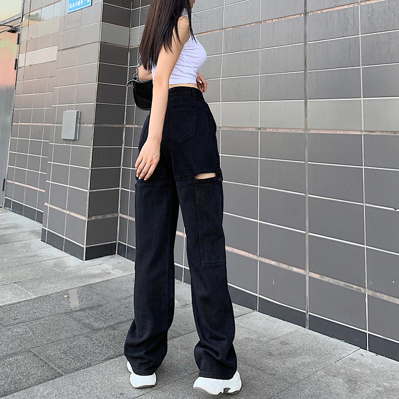 Jean Hollow High Waist Straight Pant Women