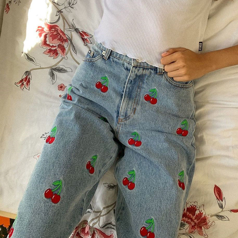 Cherry Embroidery Narrow Leg Jean Trousers Women