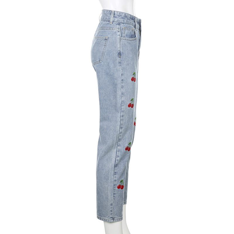 Cherry Embroidery Narrow Leg Jean Trousers Women