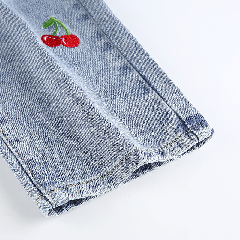 Cherry Embroidery Narrow Leg Jean Trousers Women