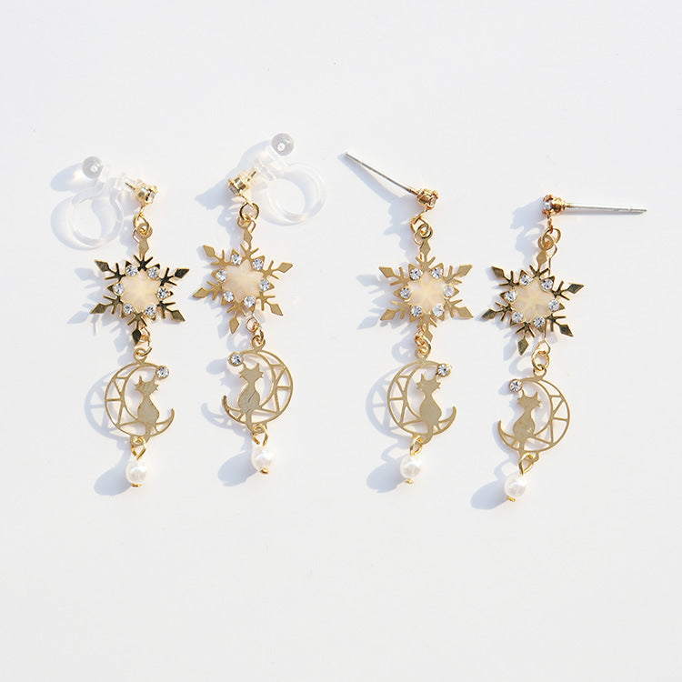 Snow Flakes Moon Cat Clip On/Earrings