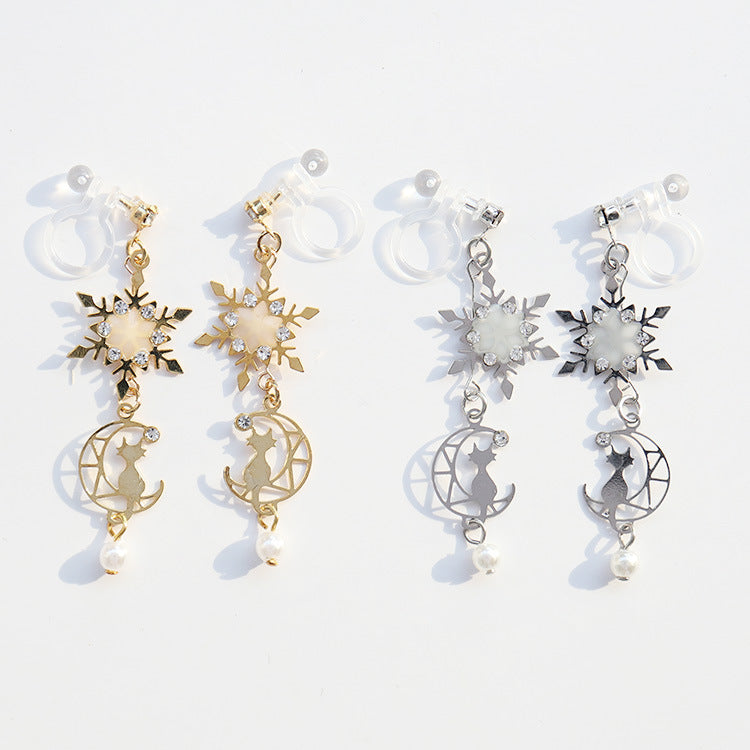 Snow Flakes Moon Cat Clip On/Earrings