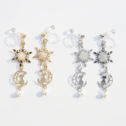 Snow Flakes Moon Cat Clip On/Earrings