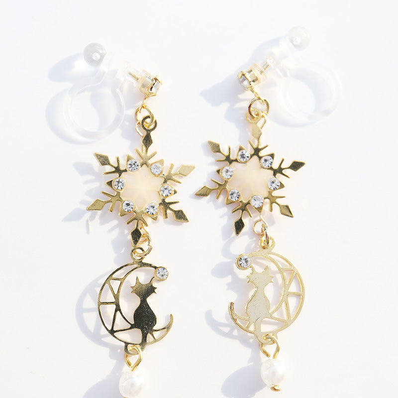 Snow Flakes Moon Cat Clip On/Earrings