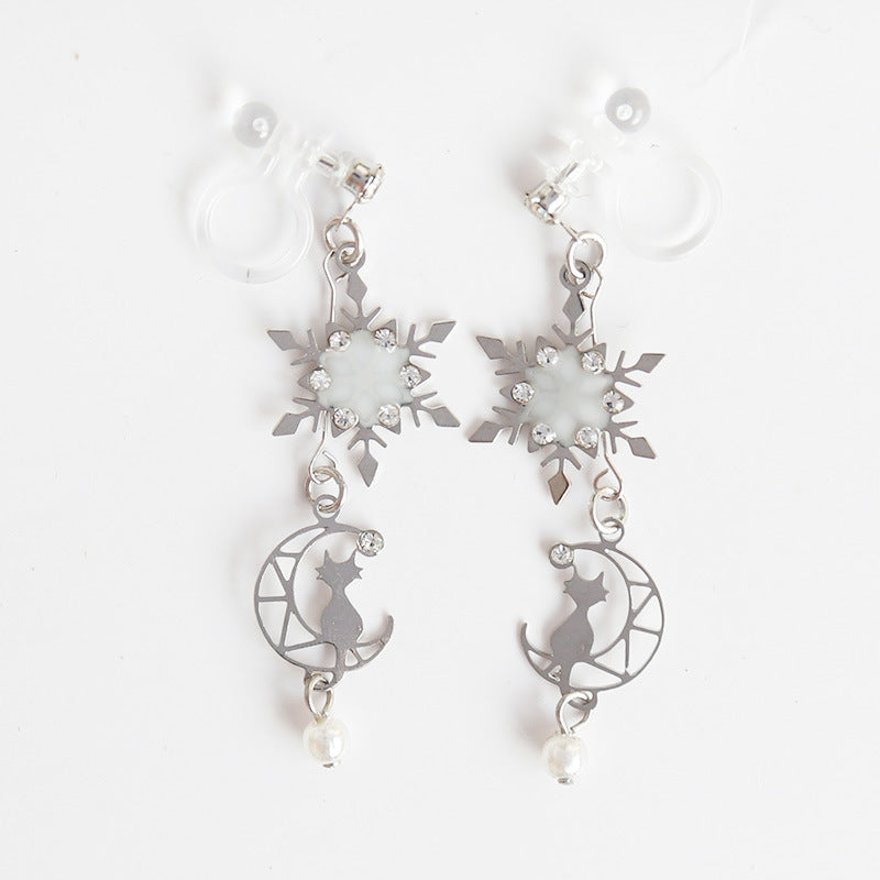 Snow Flakes Moon Cat Clip On/Earrings