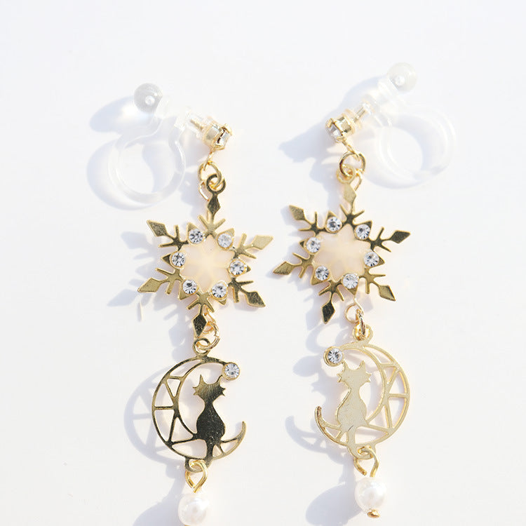 Snow Flakes Moon Cat Clip On/Earrings