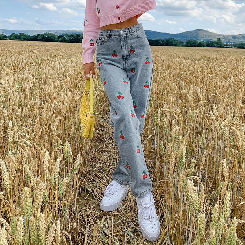 Cherry Embroidery Narrow Leg Jean Trousers Women