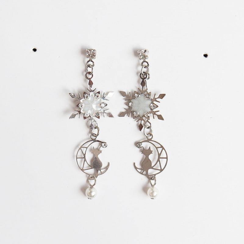 Snow Flakes Moon Cat Clip On/Earrings