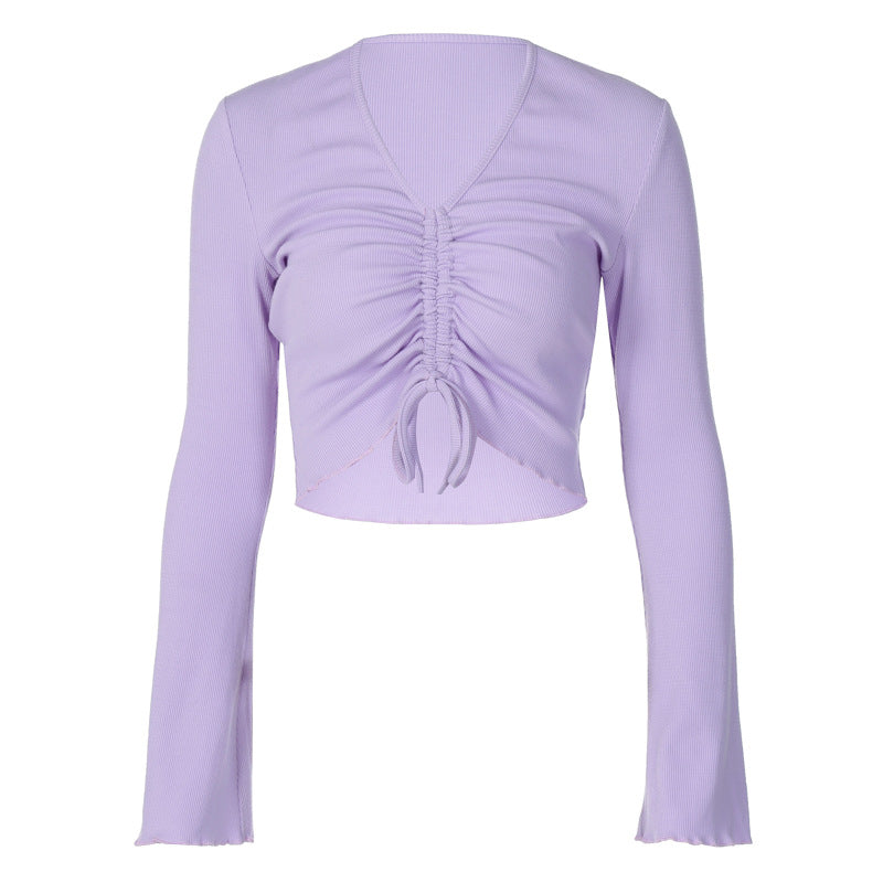 Long Sleeve V-neck Front Pleated Drawstring Top