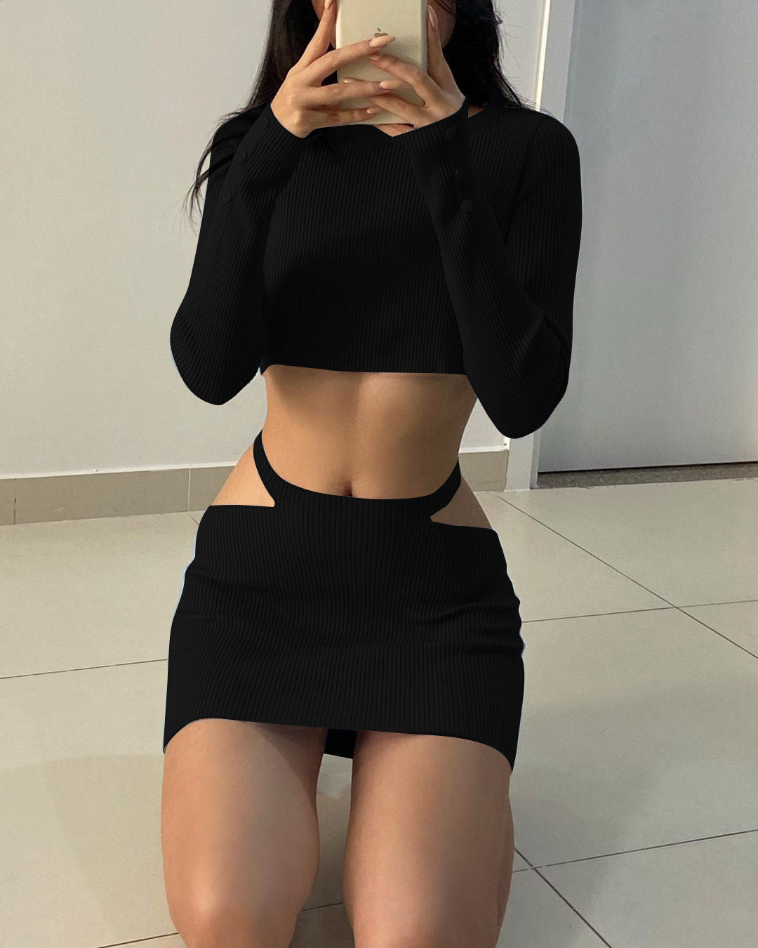 Crop Top Long Sleeve Cut Out Skirt Two Piece Set