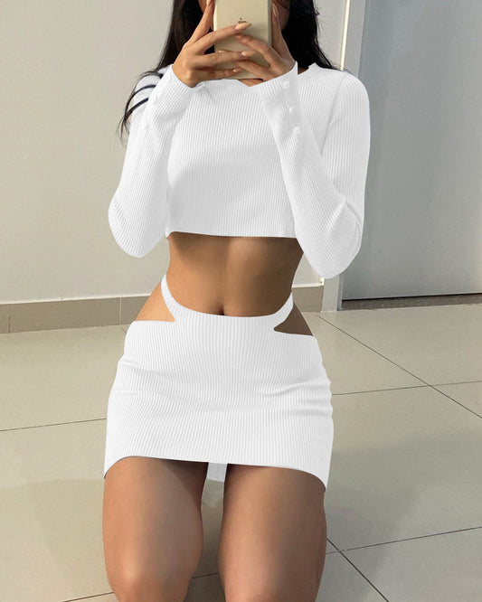 Crop Top Long Sleeve Cut Out Skirt Two Piece Set