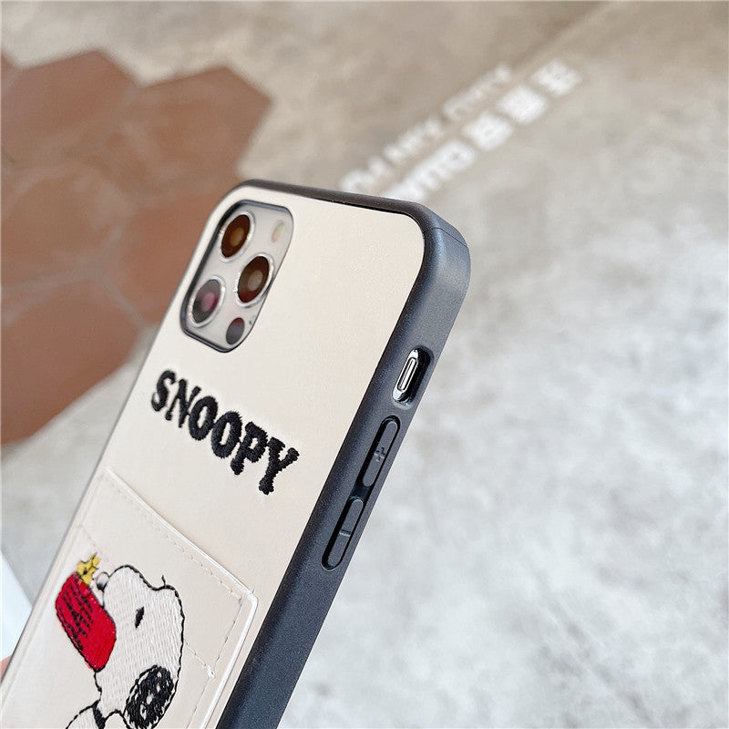 Snoopy Embroidered Leather Card Slots iPhone Cases