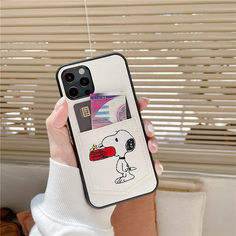 Snoopy Embroidered Leather Card Slots iPhone Cases