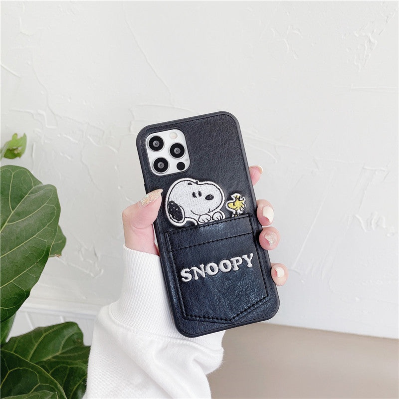 Snoopy Embroidered Leather Card Slots iPhone Cases