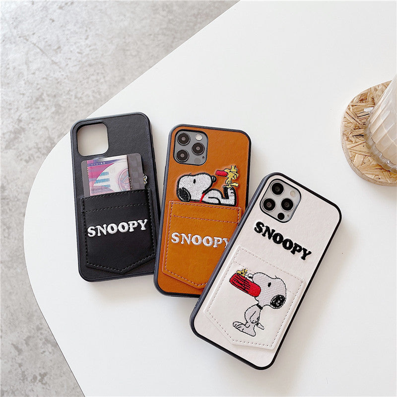 Snoopy Embroidered Leather Card Slots iPhone Cases