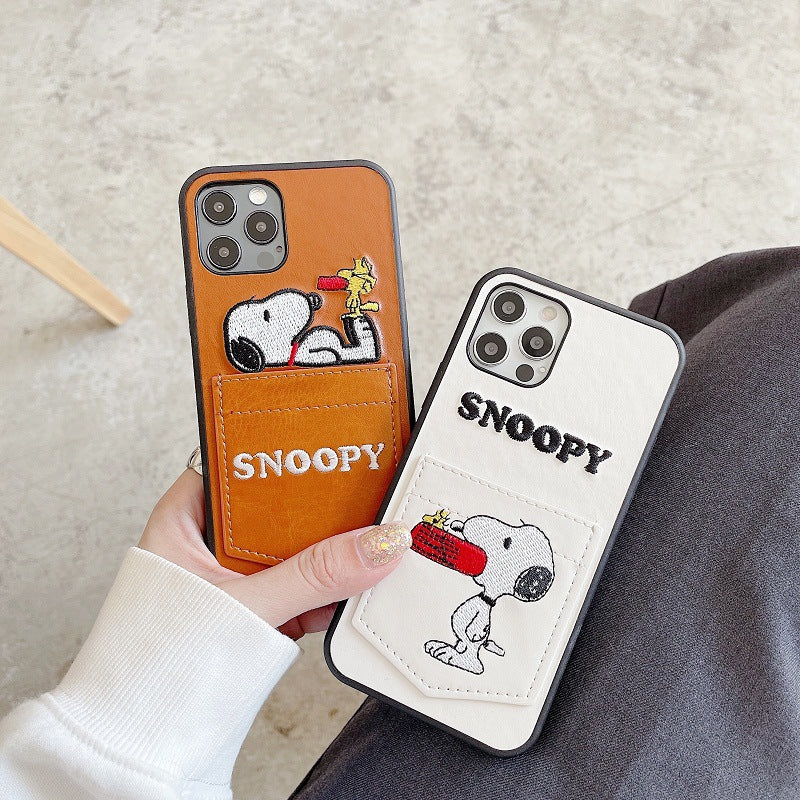 Snoopy Embroidered Leather Card Slots iPhone Cases