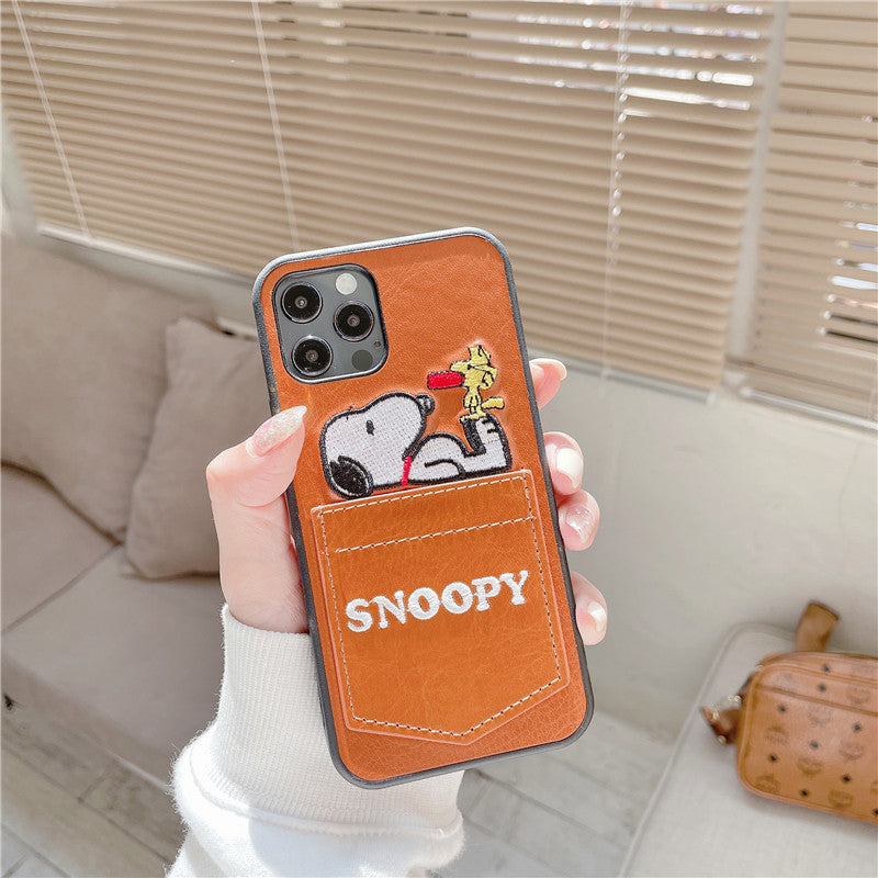 Snoopy Embroidered Leather Card Slots iPhone Cases